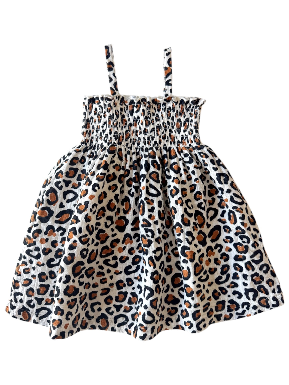 Leopard print dress with a smocked bodice and shoulder straps, perfect for casual wear.