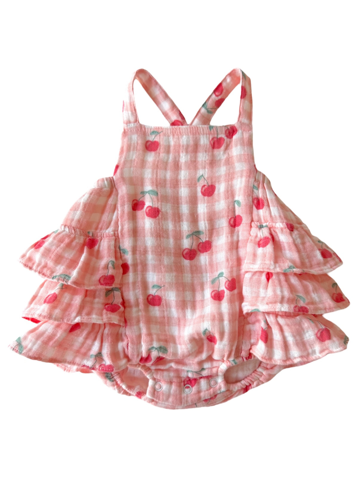 Pink checked baby romper with cherry prints and ruffled sleeves. Ideal for summer wear.
