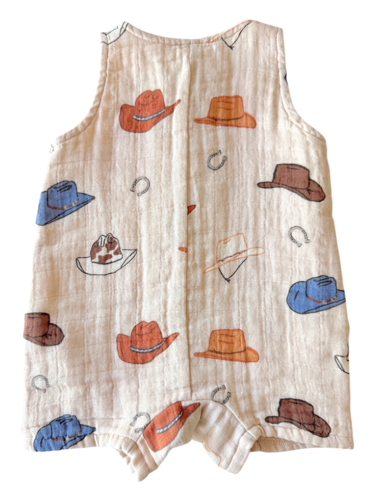 Baby romper with colorful cowboy hat pattern on a light background. Ideal for warm weather wear.