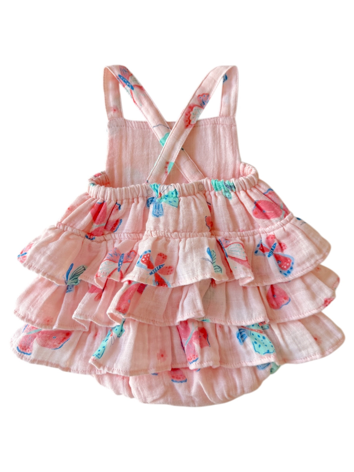 Pink ruffled dress with butterfly patterns and crisscross straps, perfect for warm weather.
