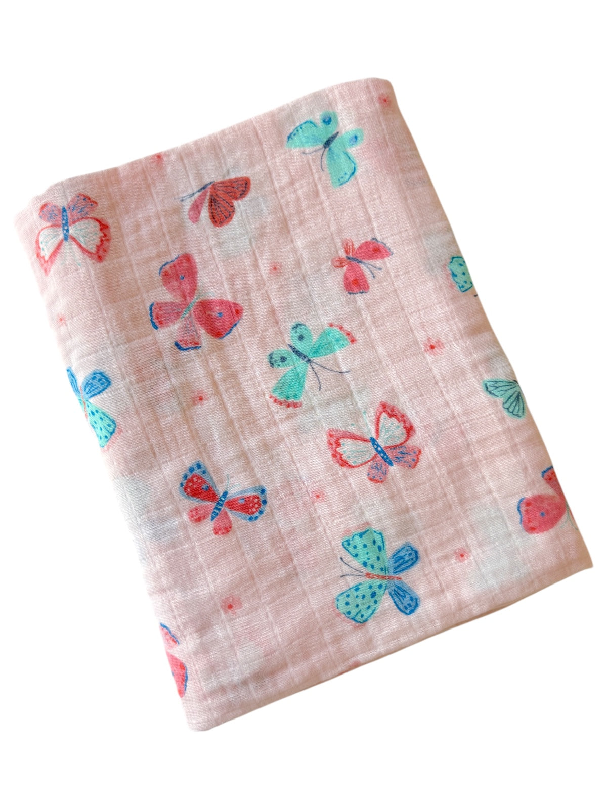 Pink fabric featuring colorful butterflies in various shades.