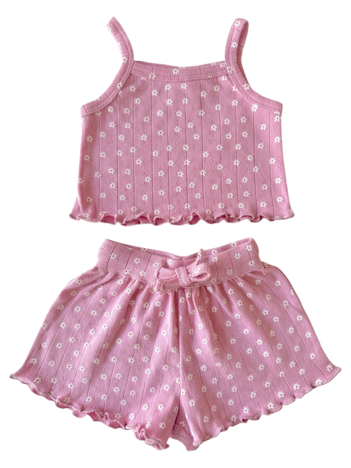 Pink floral-patterned girls' two-piece outfit, featuring a tank top and matching shorts.