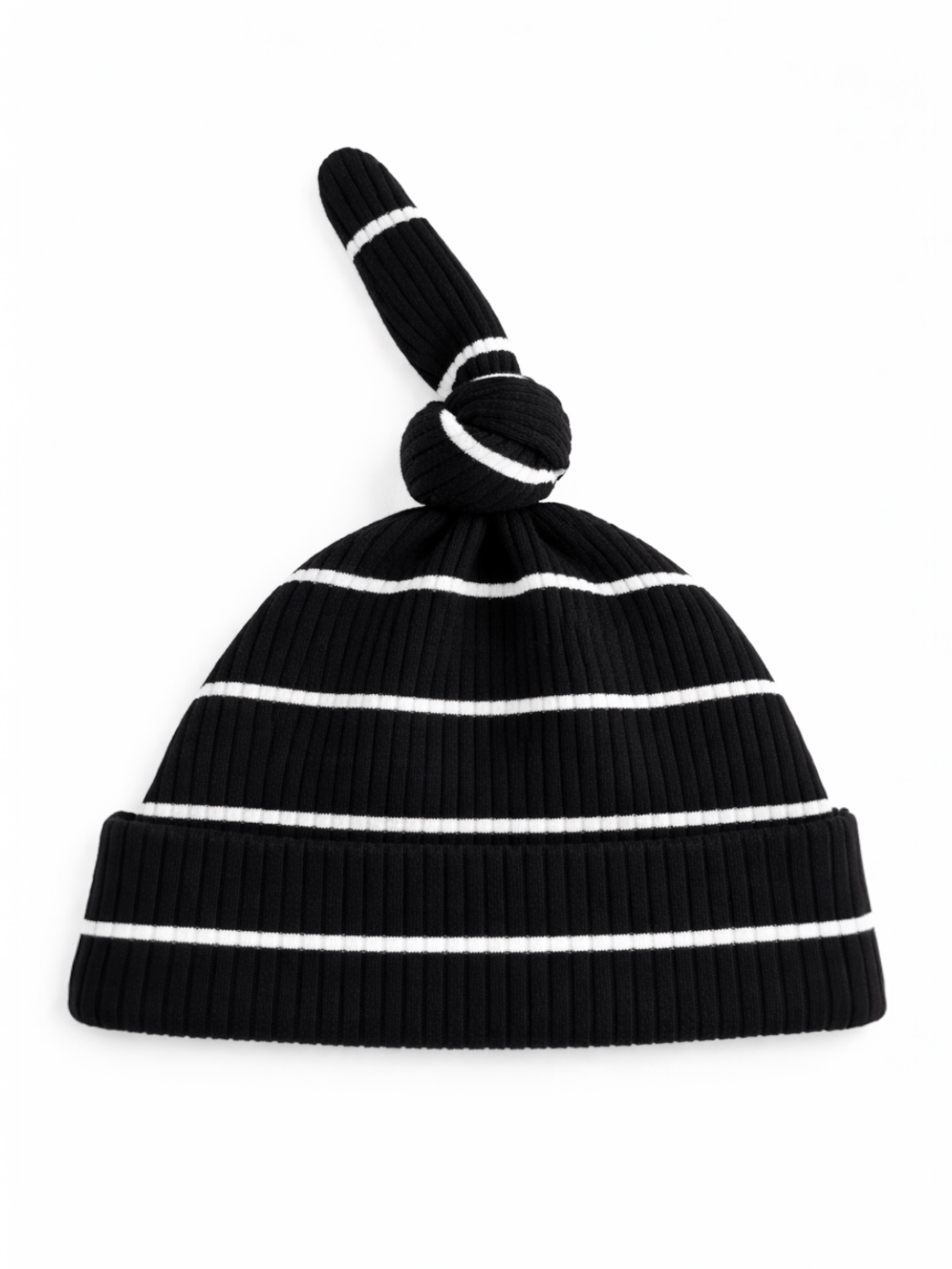 Black ribbed beanie hat with white stripes and a knotted top.