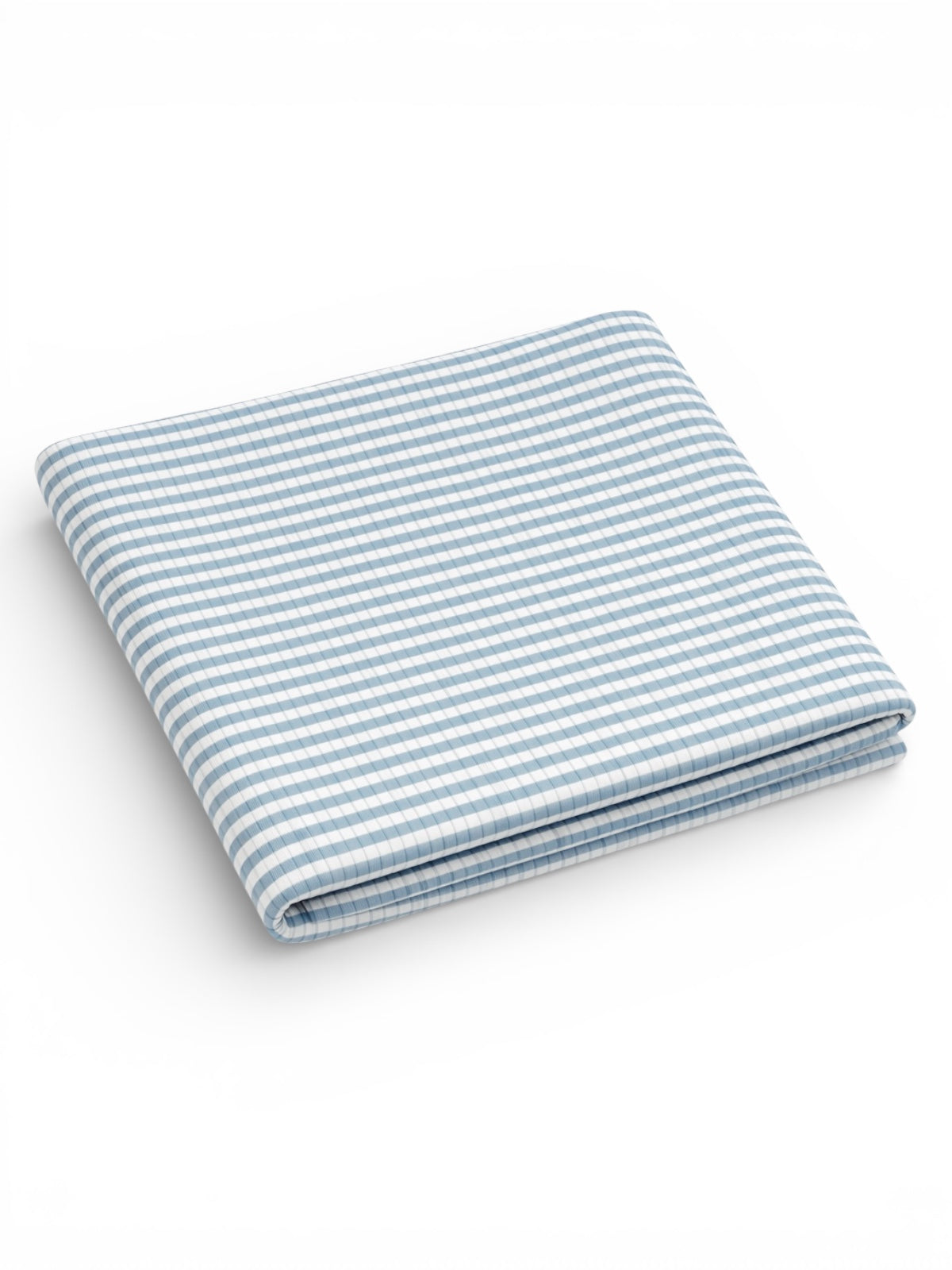 Blue and white checked blanket neatly folded on a white background.