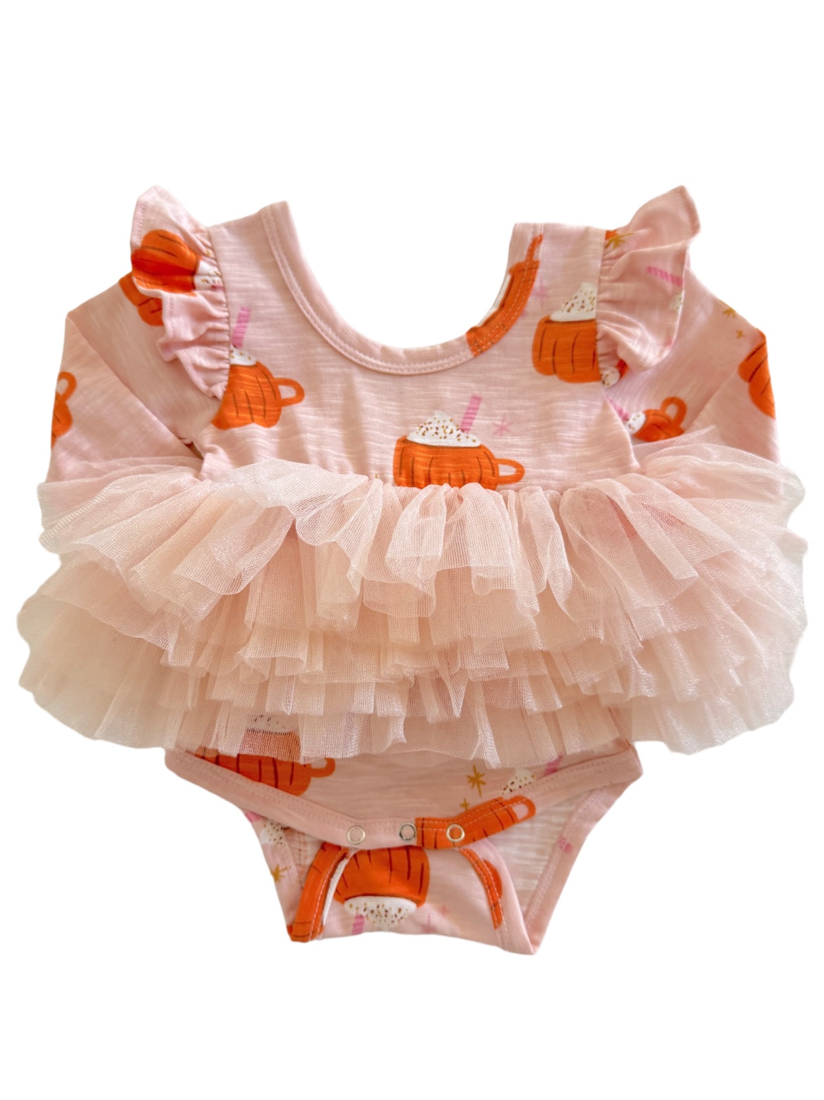 Pink ruffled baby bodysuit with pumpkin print and tulle skirt. Perfect for fall outfits and festive occasions.
