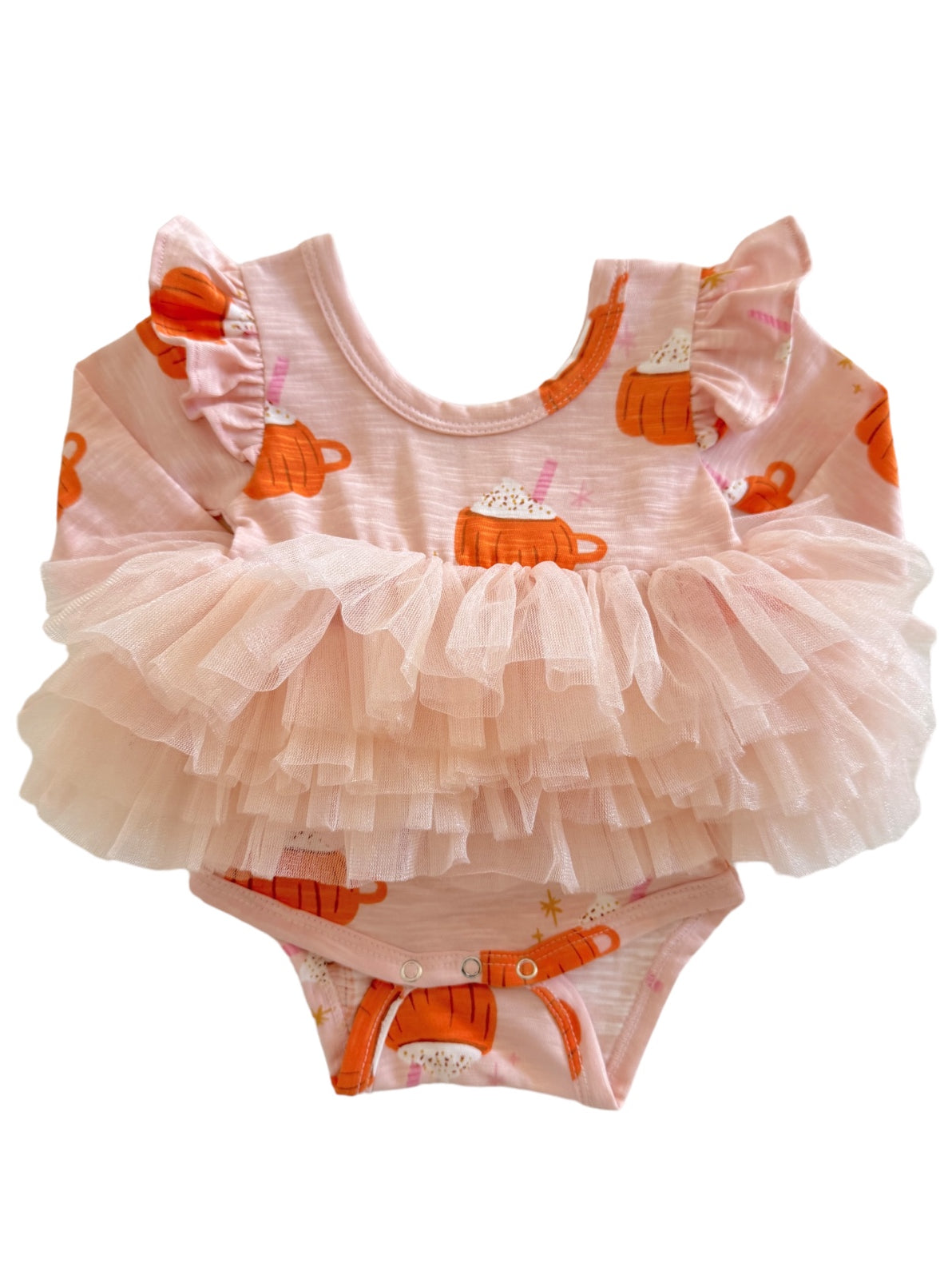 Pink ruffled baby bodysuit with pumpkin print and tulle skirt. Perfect for fall outfits and festive occasions.
