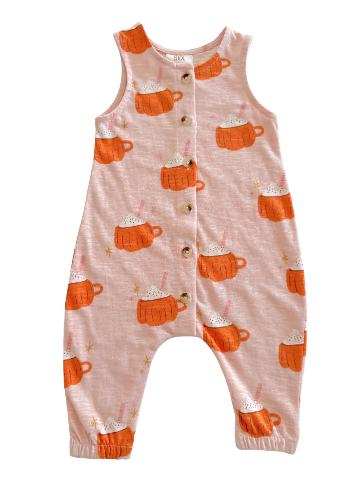 Pink baby romper with cute pumpkin cup designs and buttons down the front. Perfect for cozy fall days.