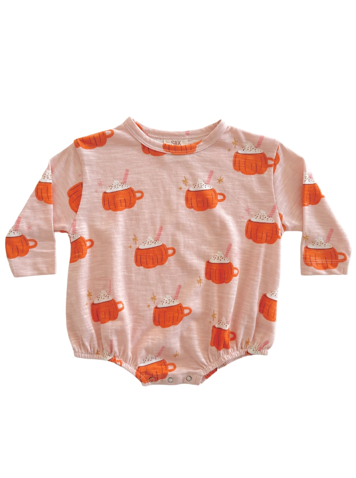 Baby outfit featuring a playful design of orange mugs with whipped cream on a light pink background.