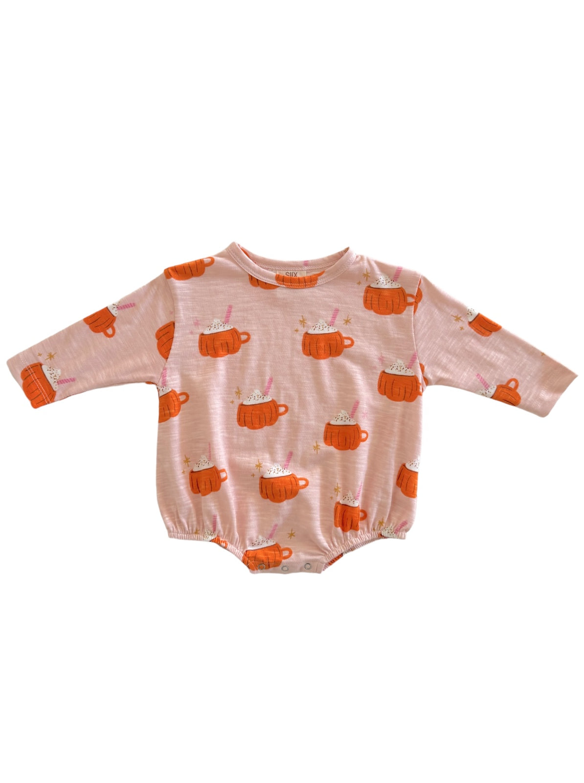 Pink baby bodysuit with orange mug prints and stars, featuring long sleeves and a soft, comfortable design.