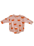 Pink baby bodysuit with orange mug prints and stars, featuring long sleeves and a soft, comfortable design.
