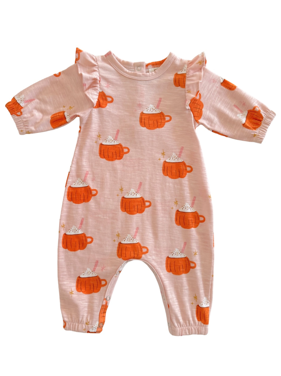 Pink toddler onesie with orange mug prints and ruffles on the shoulders, perfect for cozy outfits.