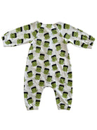 Green Frankenstein-themed baby onesie with long sleeves and playful faces pattern.