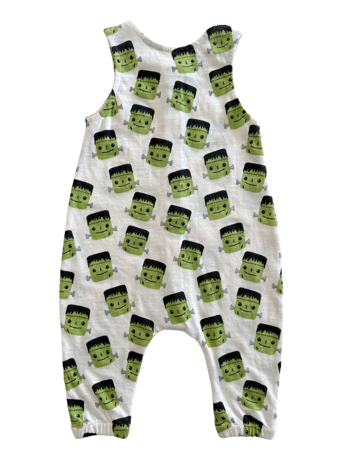Frankenstein-themed baby romper with multiple playful green monster patterns on a light gray background.