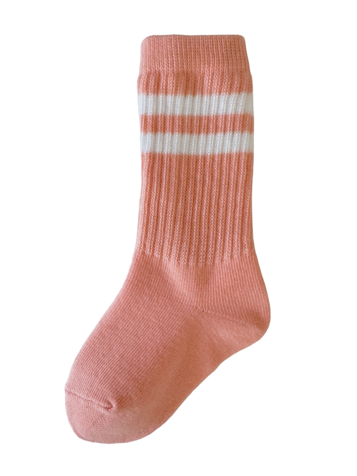 Pink and white striped child-sized sock against a white background.