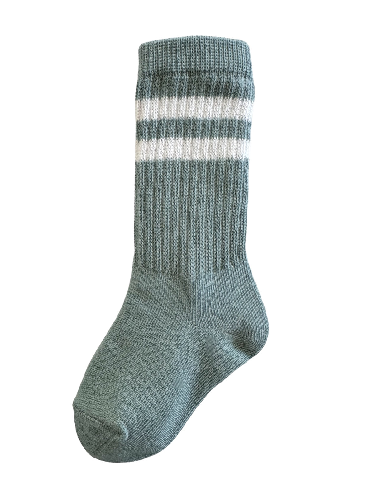 Green striped sock with a ribbed texture, featuring two white stripes near the top.
