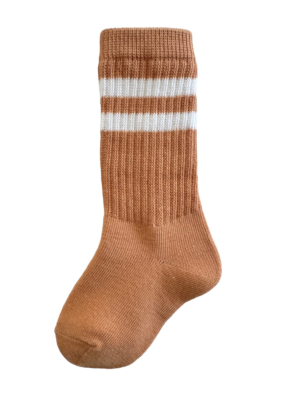 Brown striped sock with white stripes on the leg portion, displayed upright against a white background.