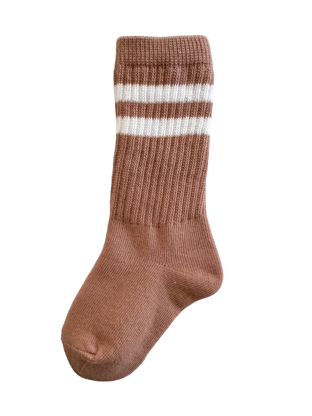 Brown ribbed sock with white stripes, displayed upright against a white background.