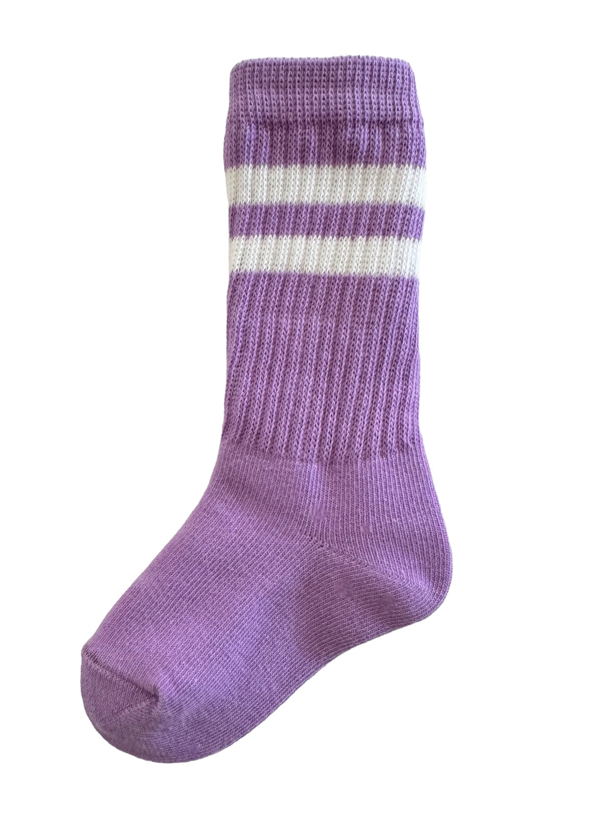 Purple sock with white stripes, featuring a ribbed cuff and soft texture. Perfect for casual wear.
