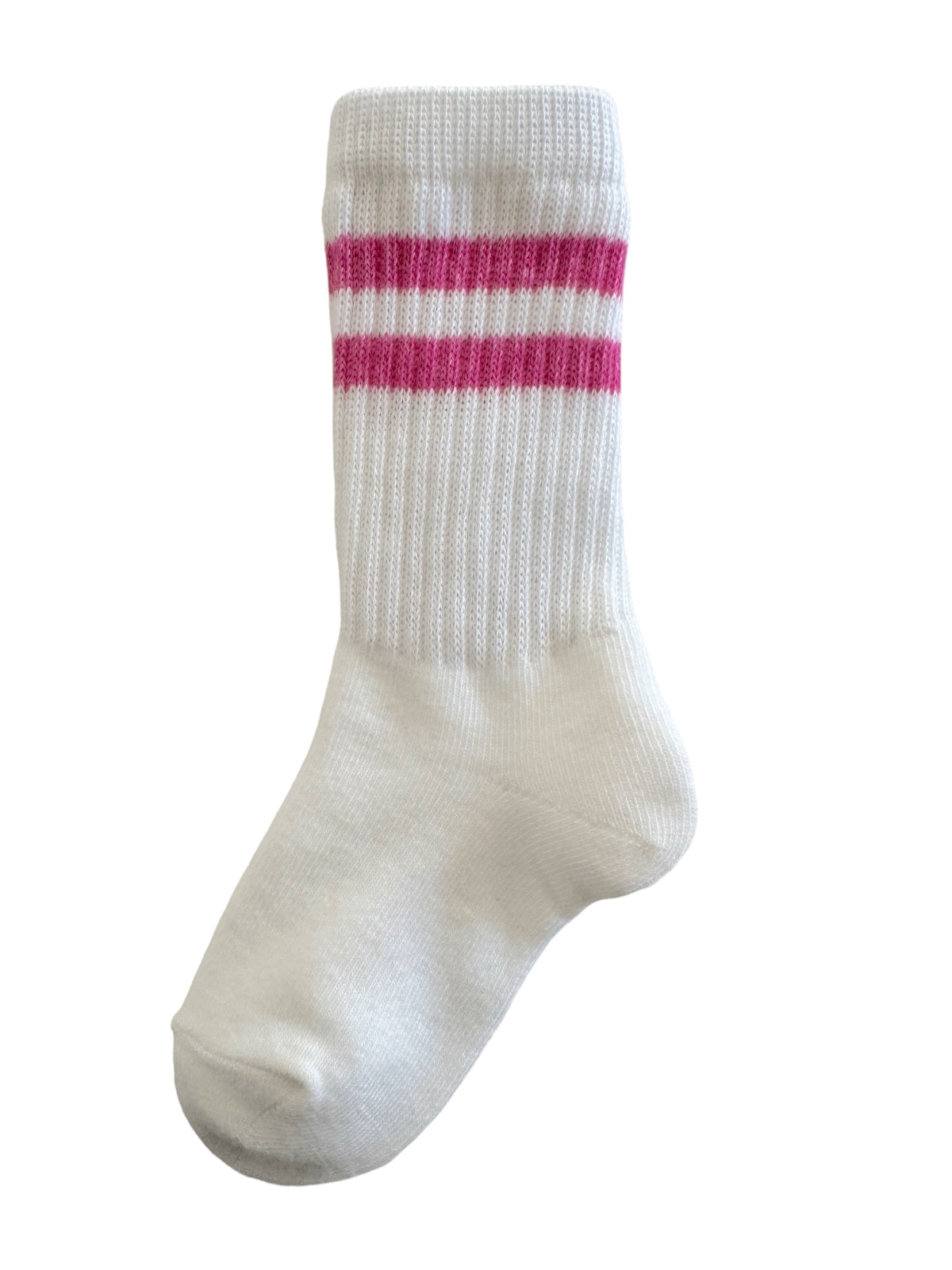 White sock with pink stripes, featuring a ribbed top for comfort and style. Ideal for casual wear.