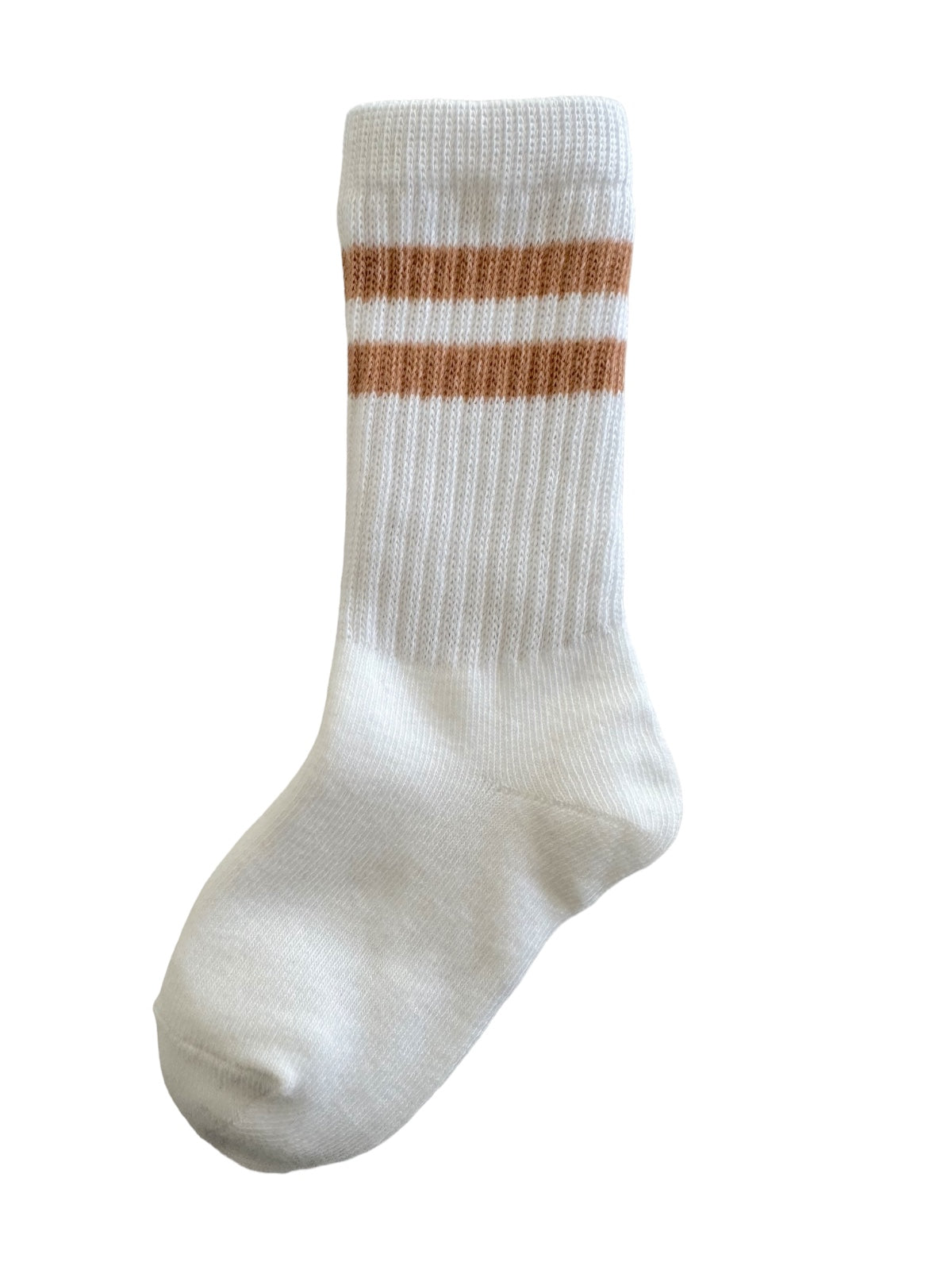 White sock with three horizontal stripes in orange and white at the cuff.
