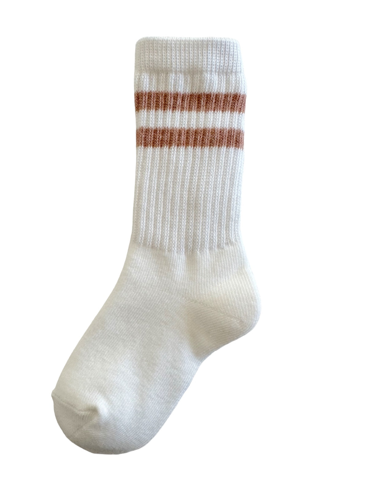 White sock with brown and white stripes, featuring ribbed texture for casual and comfortable wear.