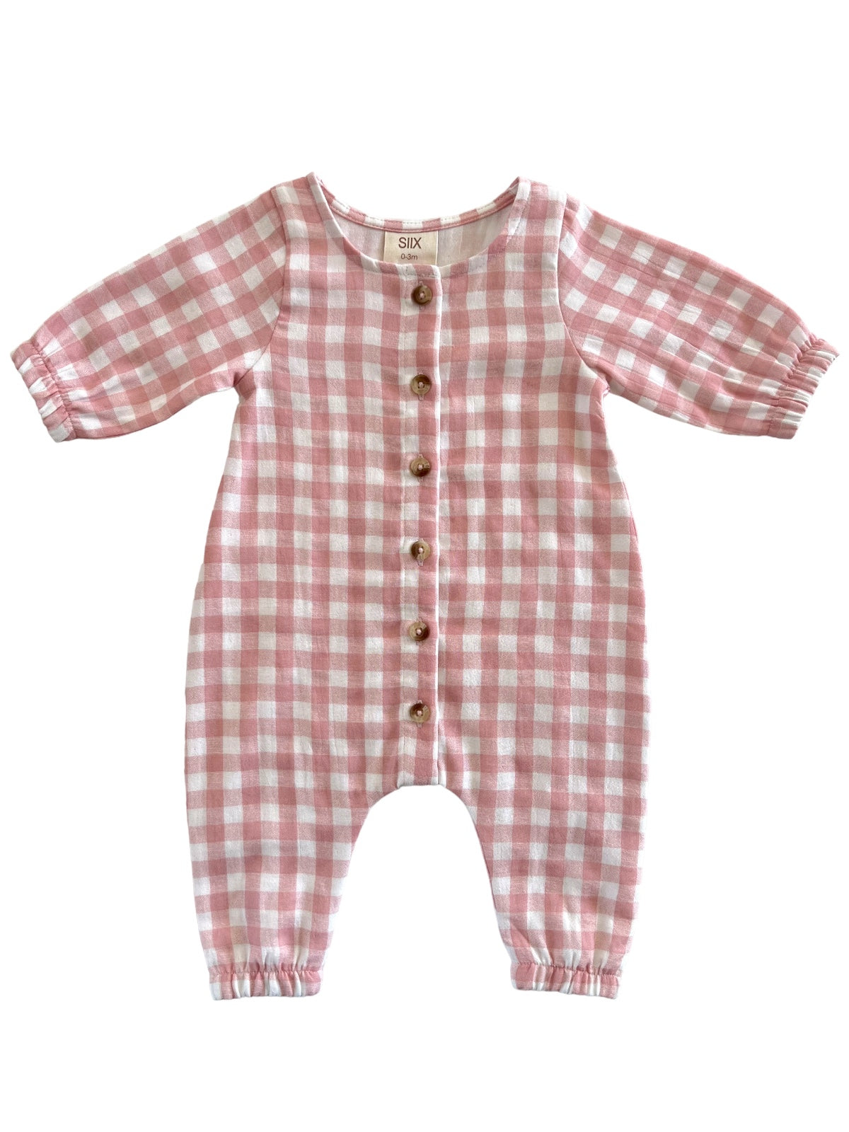Pink gingham baby romper with button front and elasticated sleeves. Ideal for casual wear.