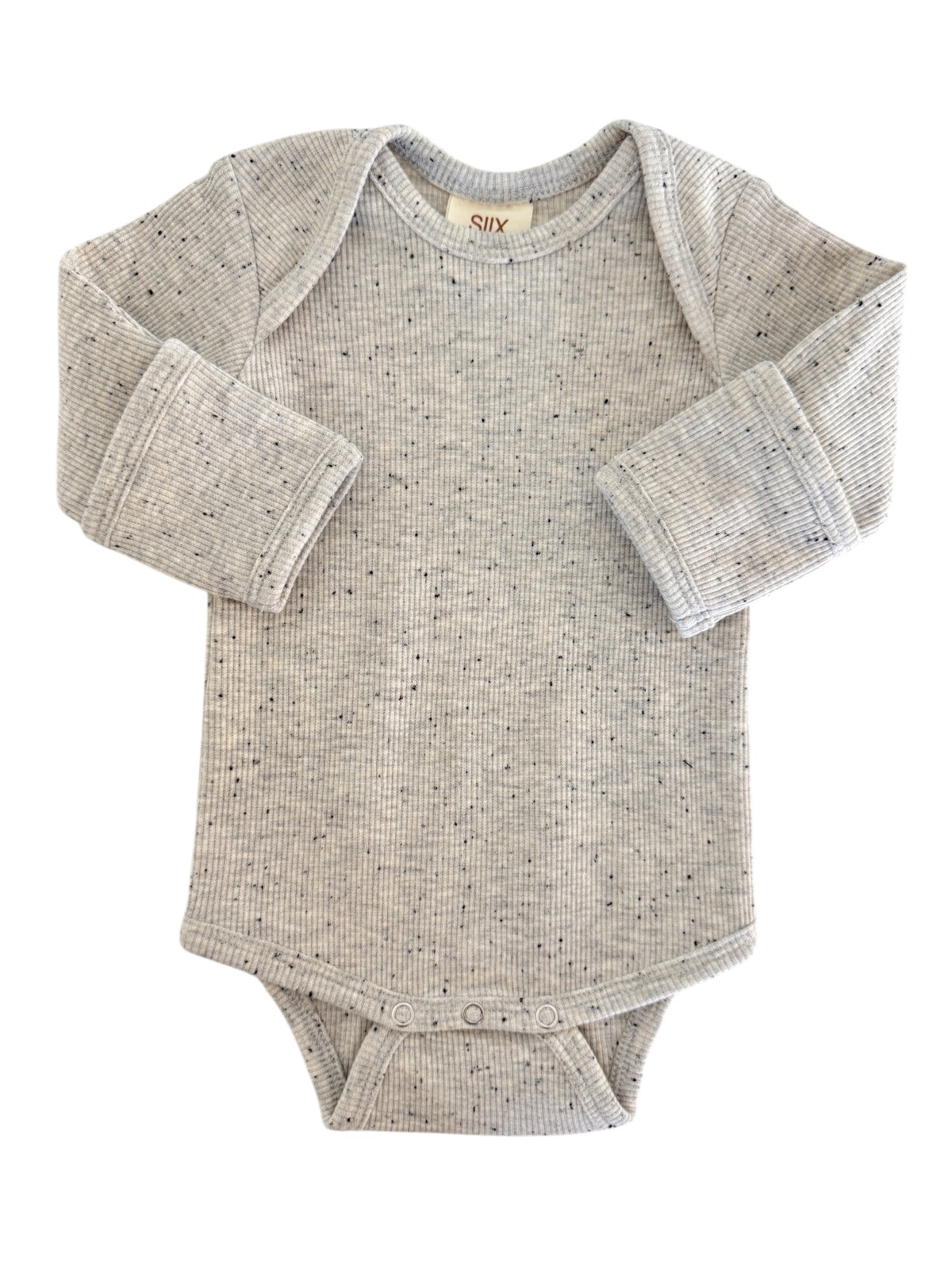 Gray long-sleeve baby bodysuit with a soft, ribbed texture and snap closures at the bottom.