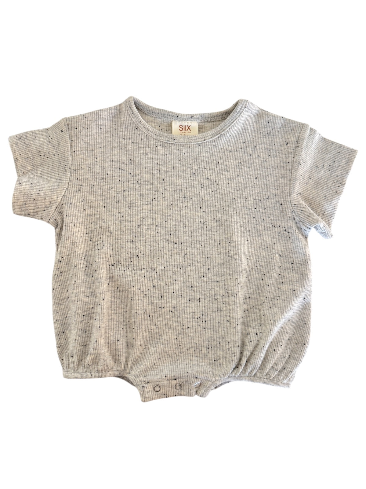 Gray short-sleeve baby onesie with a ribbed texture and snap closures at the bottom.
