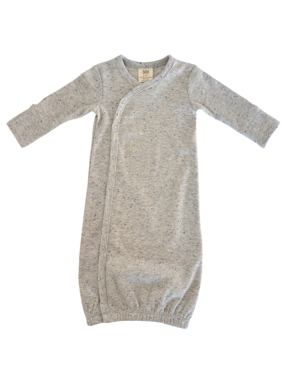 Light gray long-sleeve baby gown with a button closure and a gathered bottom for comfort and ease of dressing.