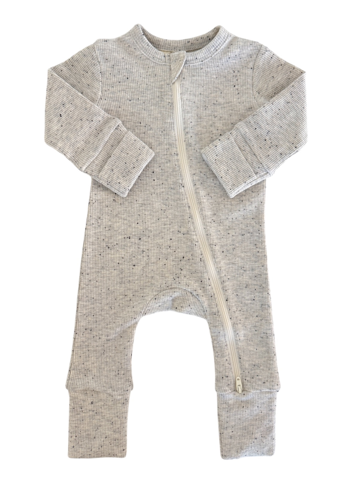 Gray baby onesie with a front zipper and long sleeves, featuring a ribbed texture and speckled pattern.