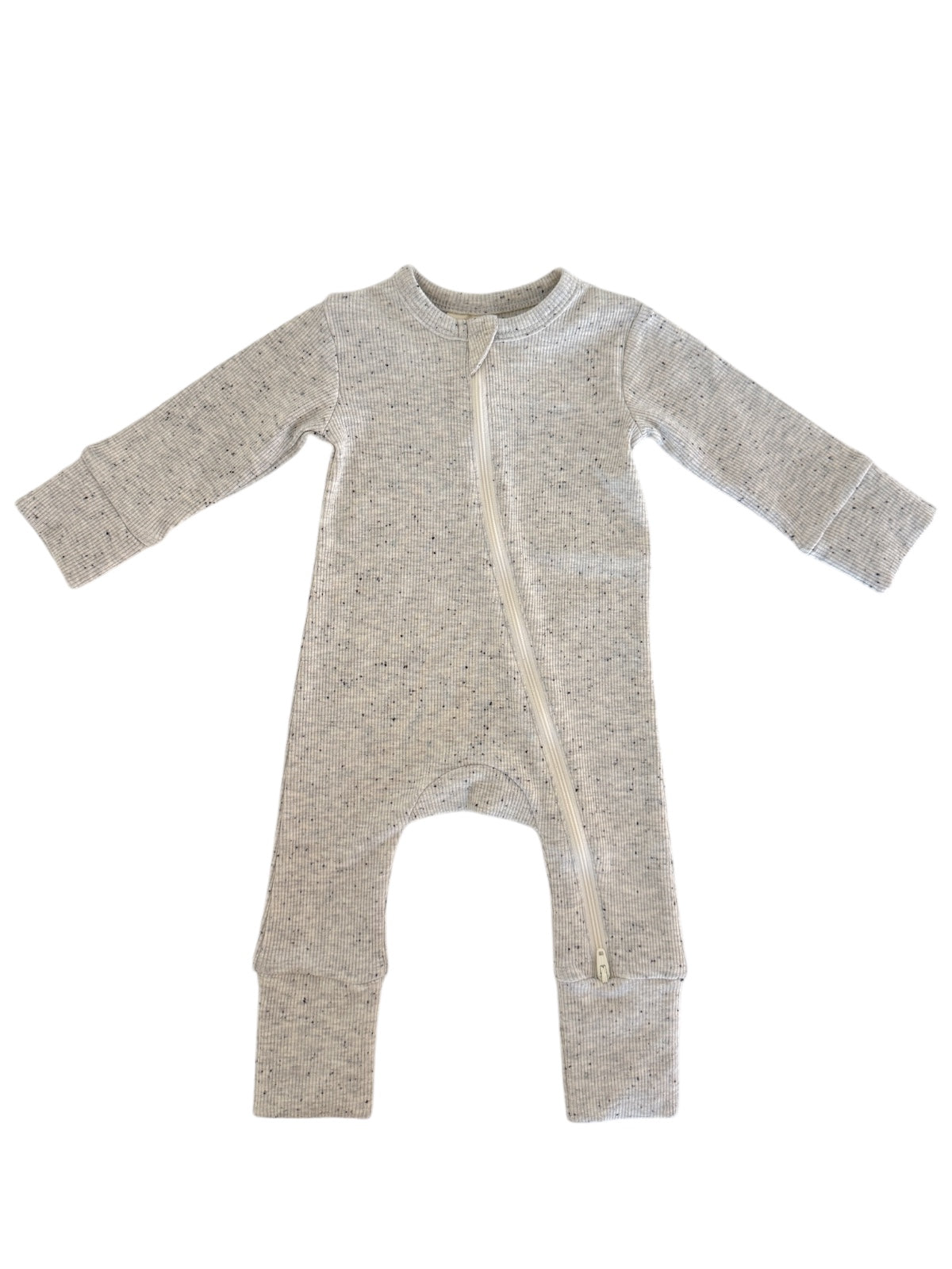 Gray infant onesie with long sleeves and front zipper, designed for comfort and ease of dressing.