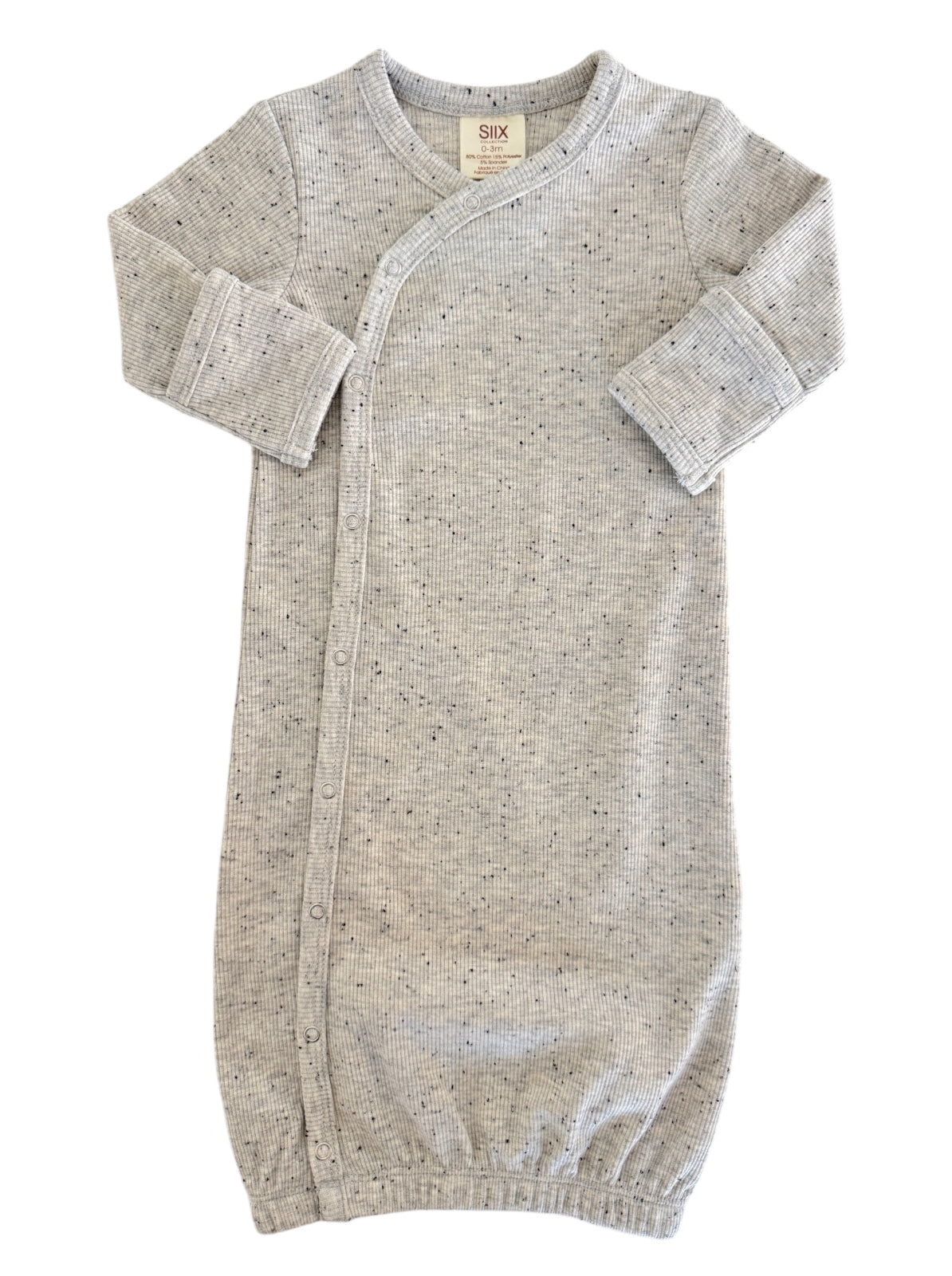 Gray baby sleep gown with a soft texture and snap buttons for easy dressing.