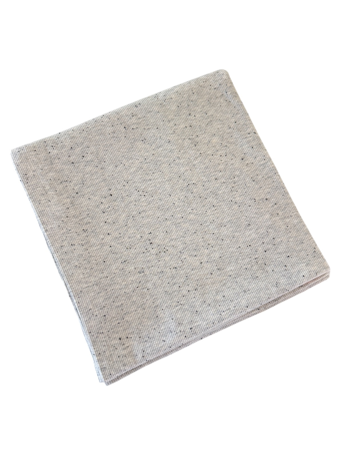 Square, folded light gray cloth with a textured pattern and small dark specks. Ideal for decorative or practical use.