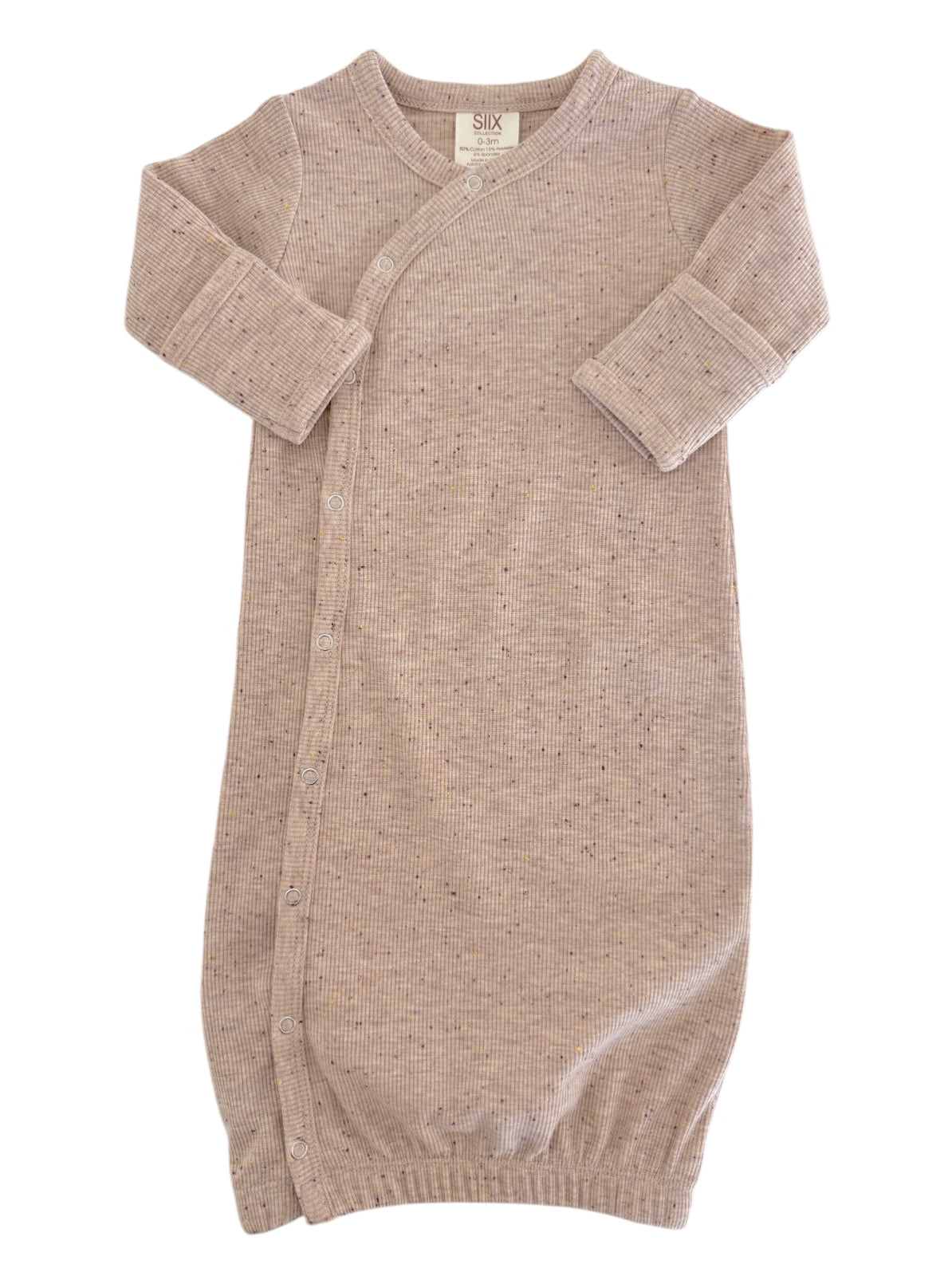 Light brown newborn sleep sack with long sleeves and snap buttons, made from soft ribbed fabric.