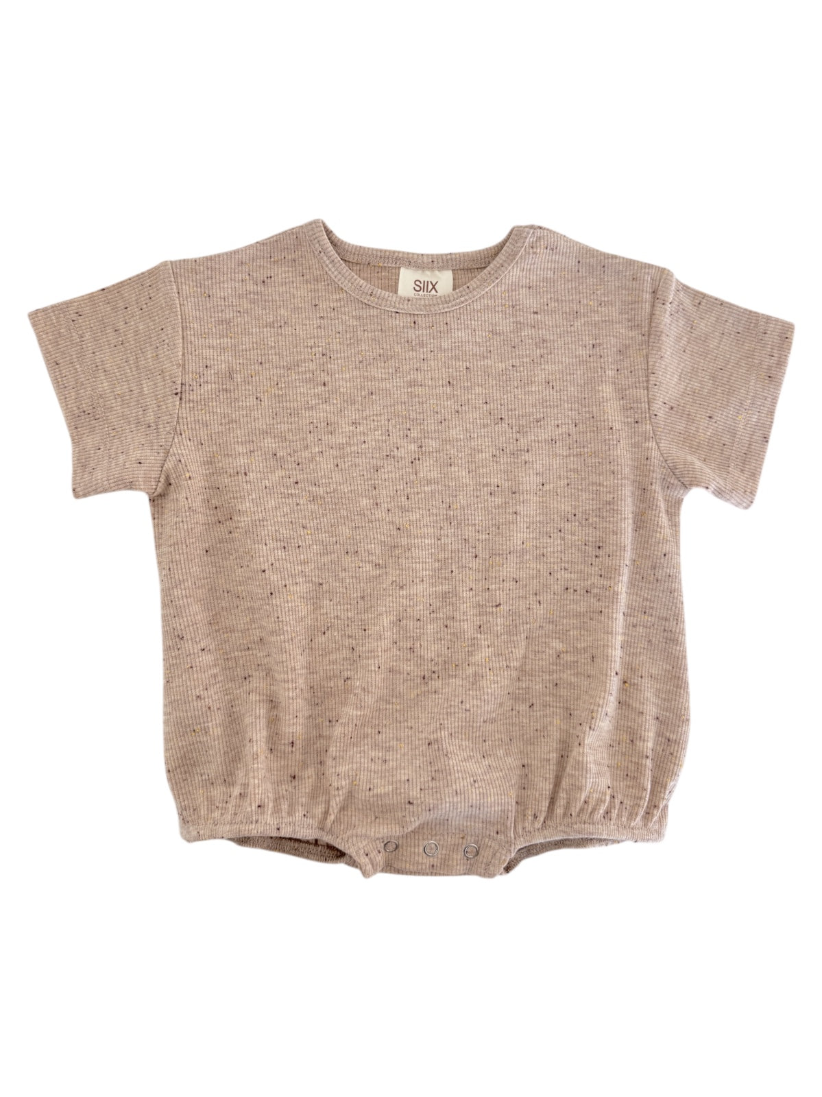 Light brown short-sleeve infant romper with textured fabric and snap closure at the bottom.