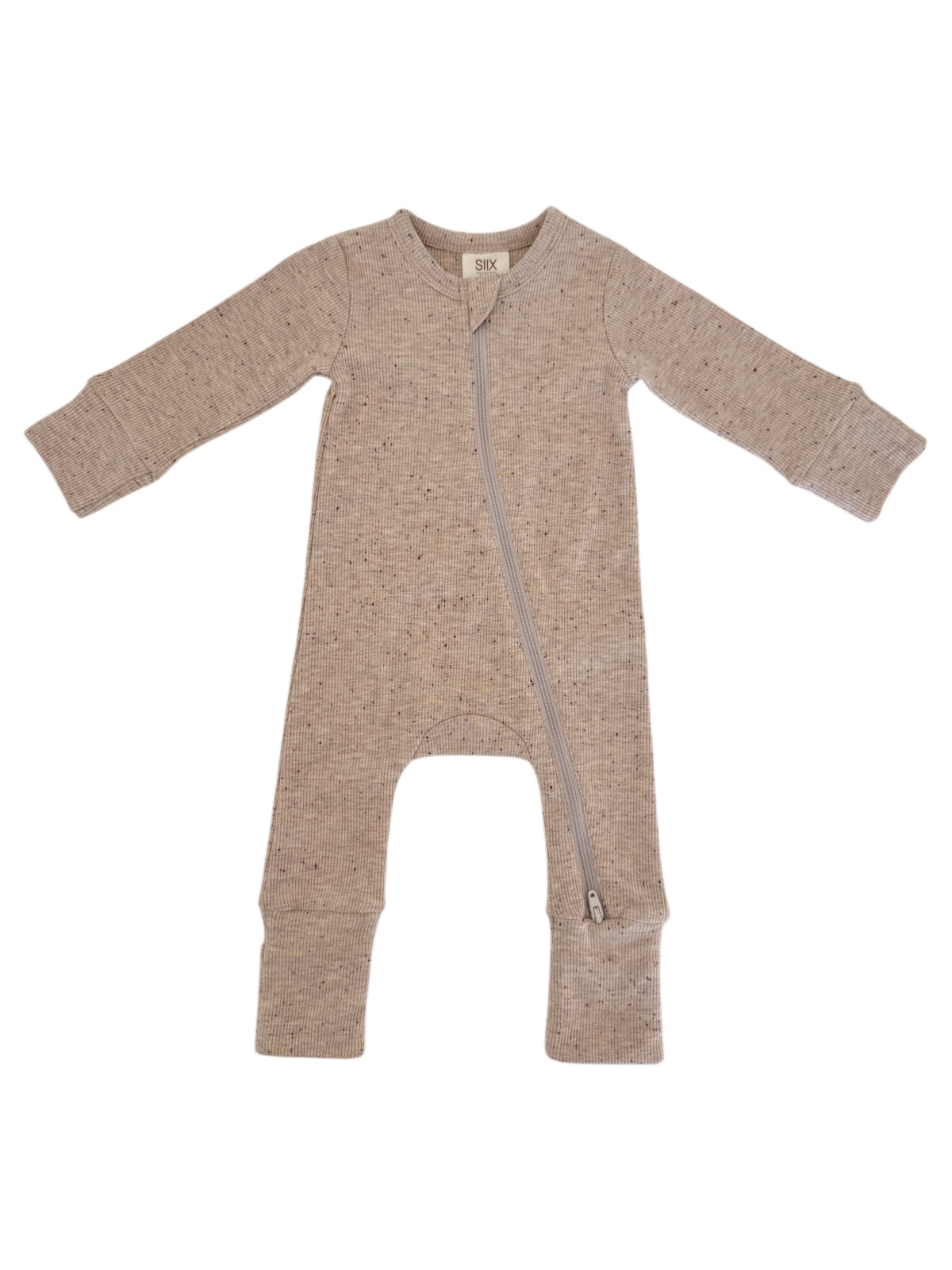 Tan baby onesie with long sleeves and a front zipper, made from soft, ribbed fabric. Ideal for comfortable wear.