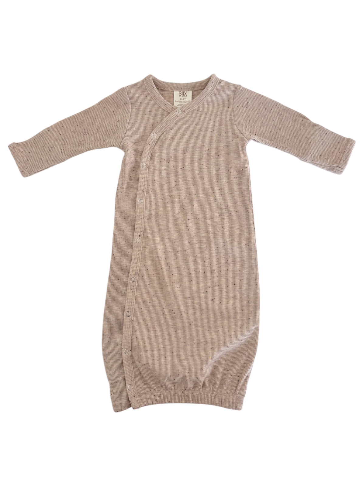 Beige baby sleep gown with long sleeves and a button closure, made from soft ribbed fabric.