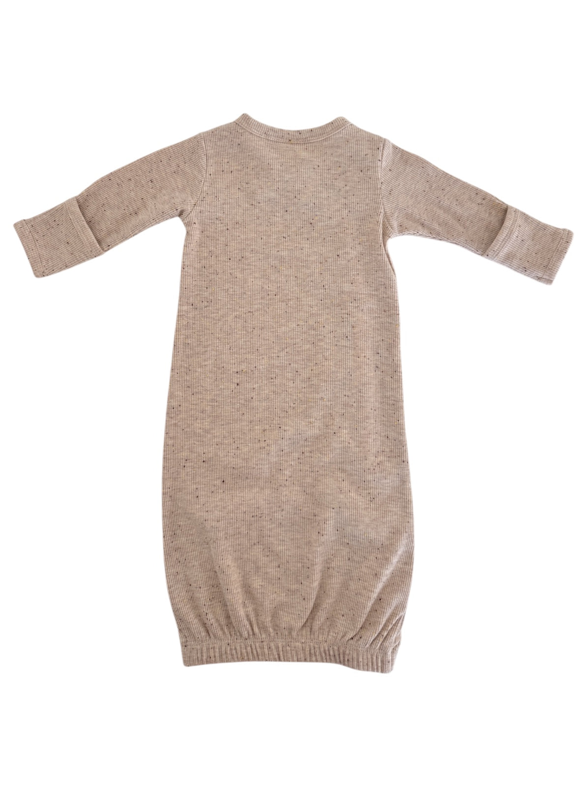 Neutral beige baby dress with long sleeves and gathered bottom, shown from the back.