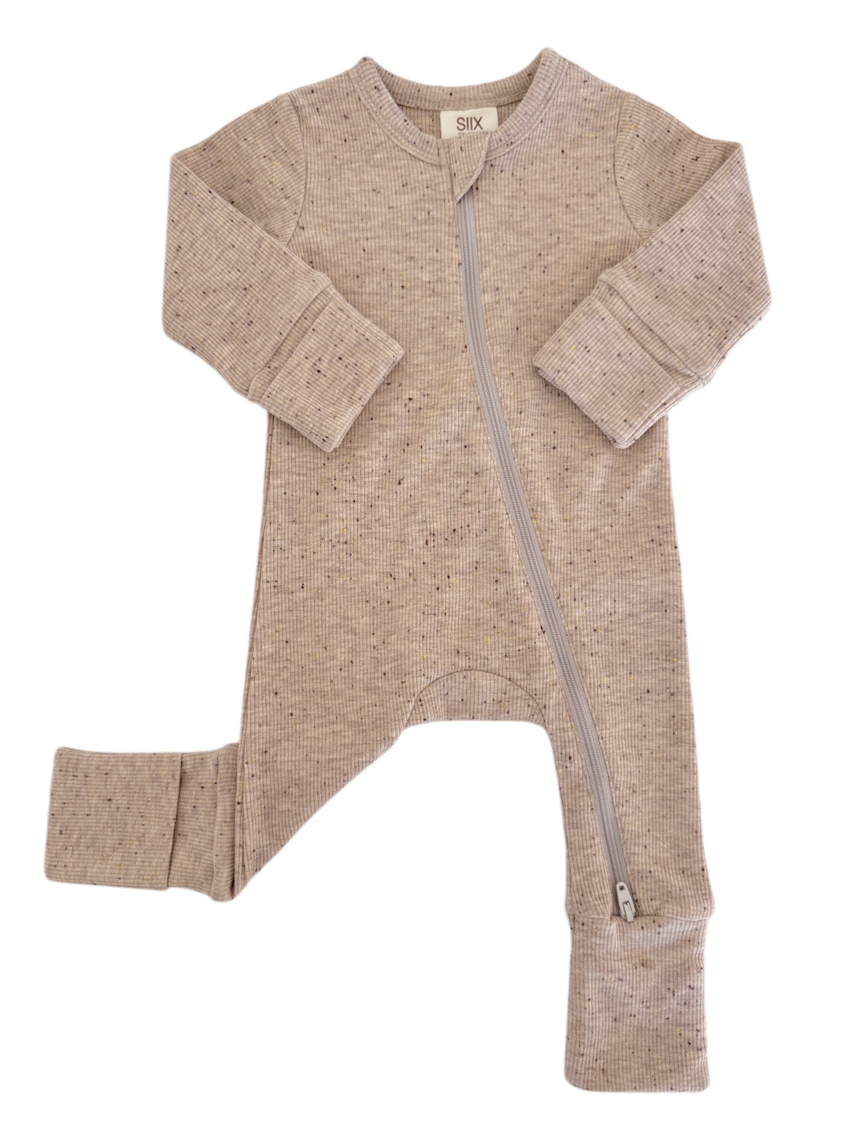 Beige ribbed infant onesie with long sleeves and a front zipper.