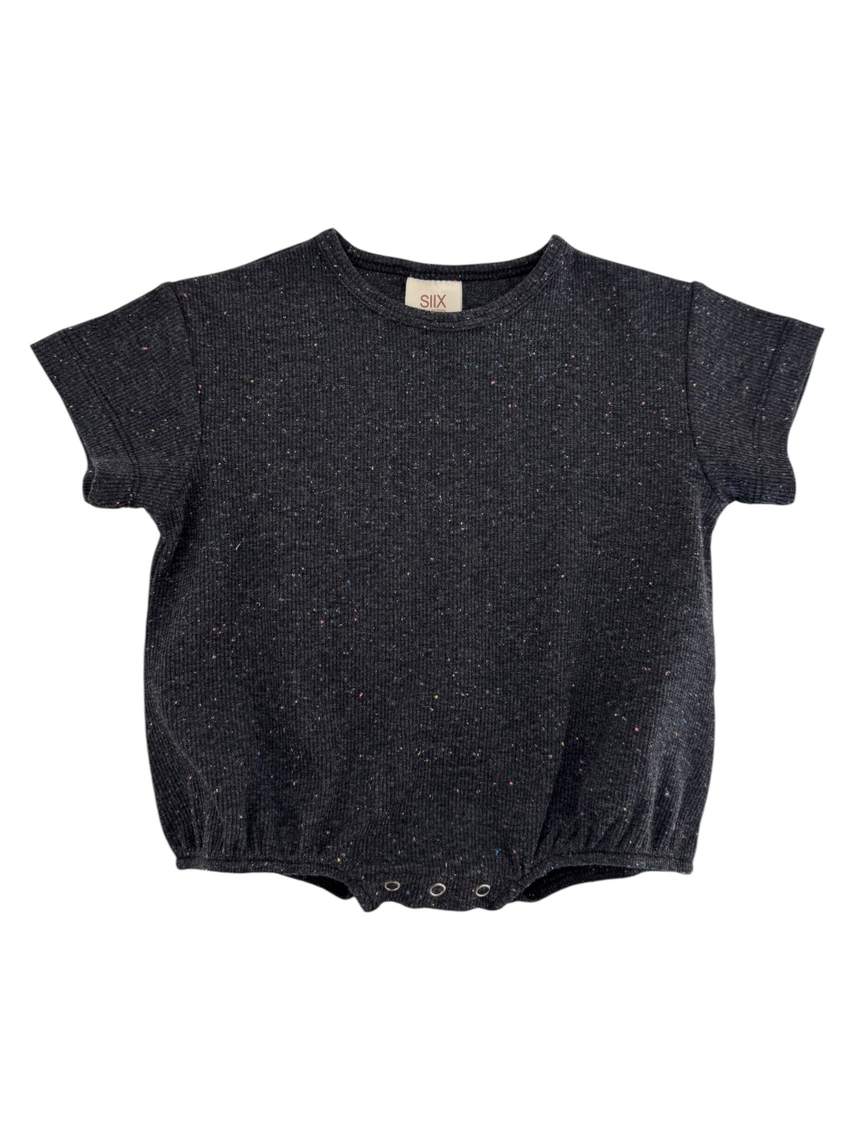 Dark gray baby onesie with short sleeves and colorful specks, featuring snap closures at the bottom.