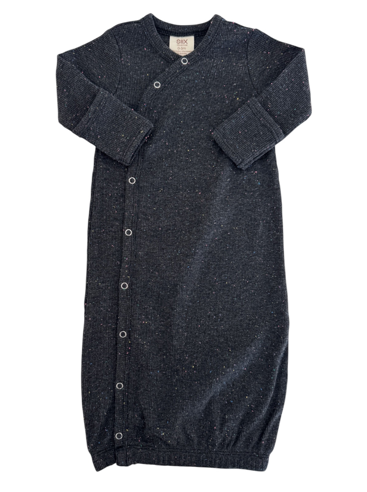 Dark gray baby sleep sack with colorful speckles and snap buttons, designed for comfort and ease.