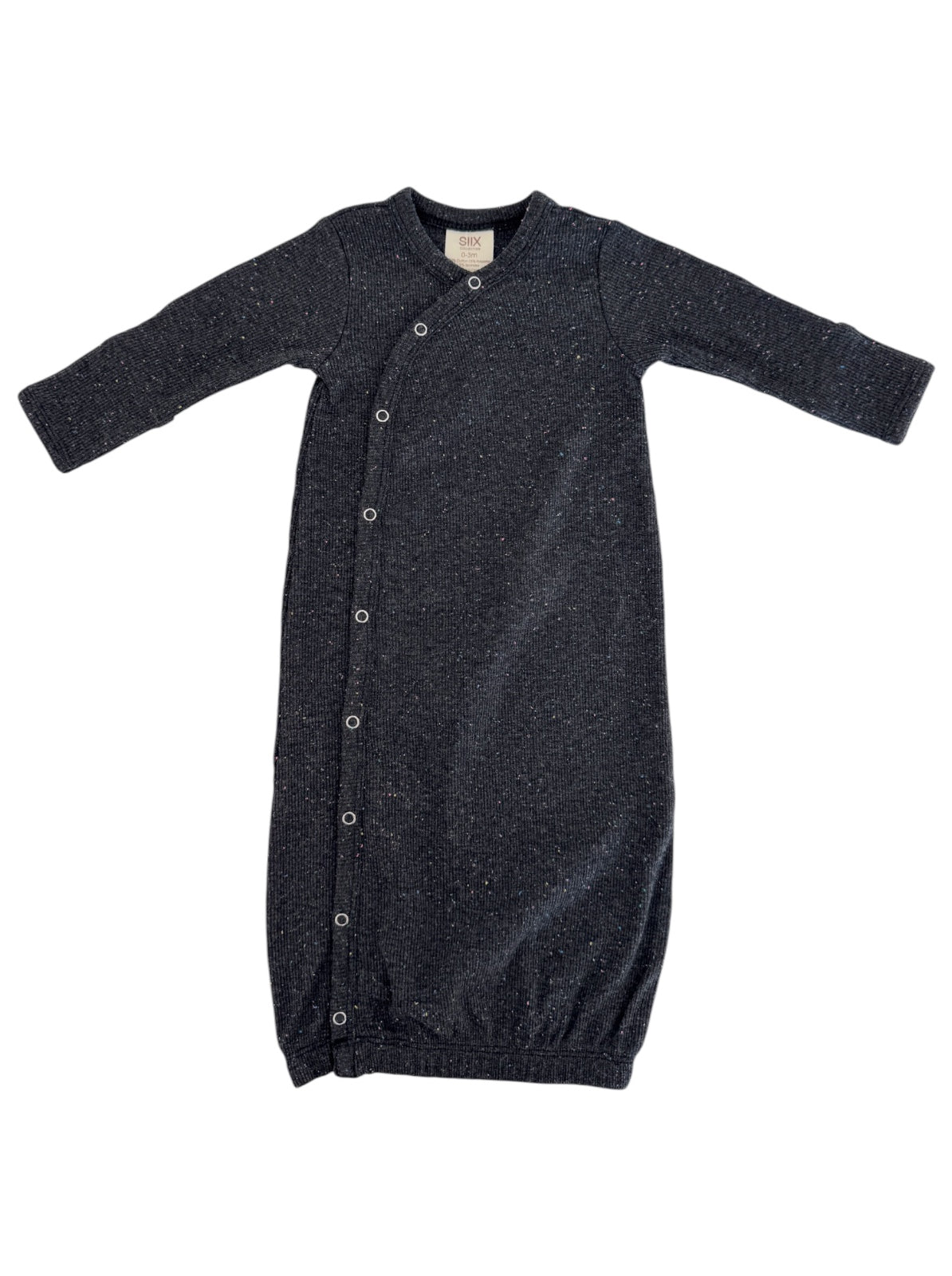 Black long-sleeve baby gown with snaps, featuring a soft textured knit design. Ideal for comfort and easy dressing.