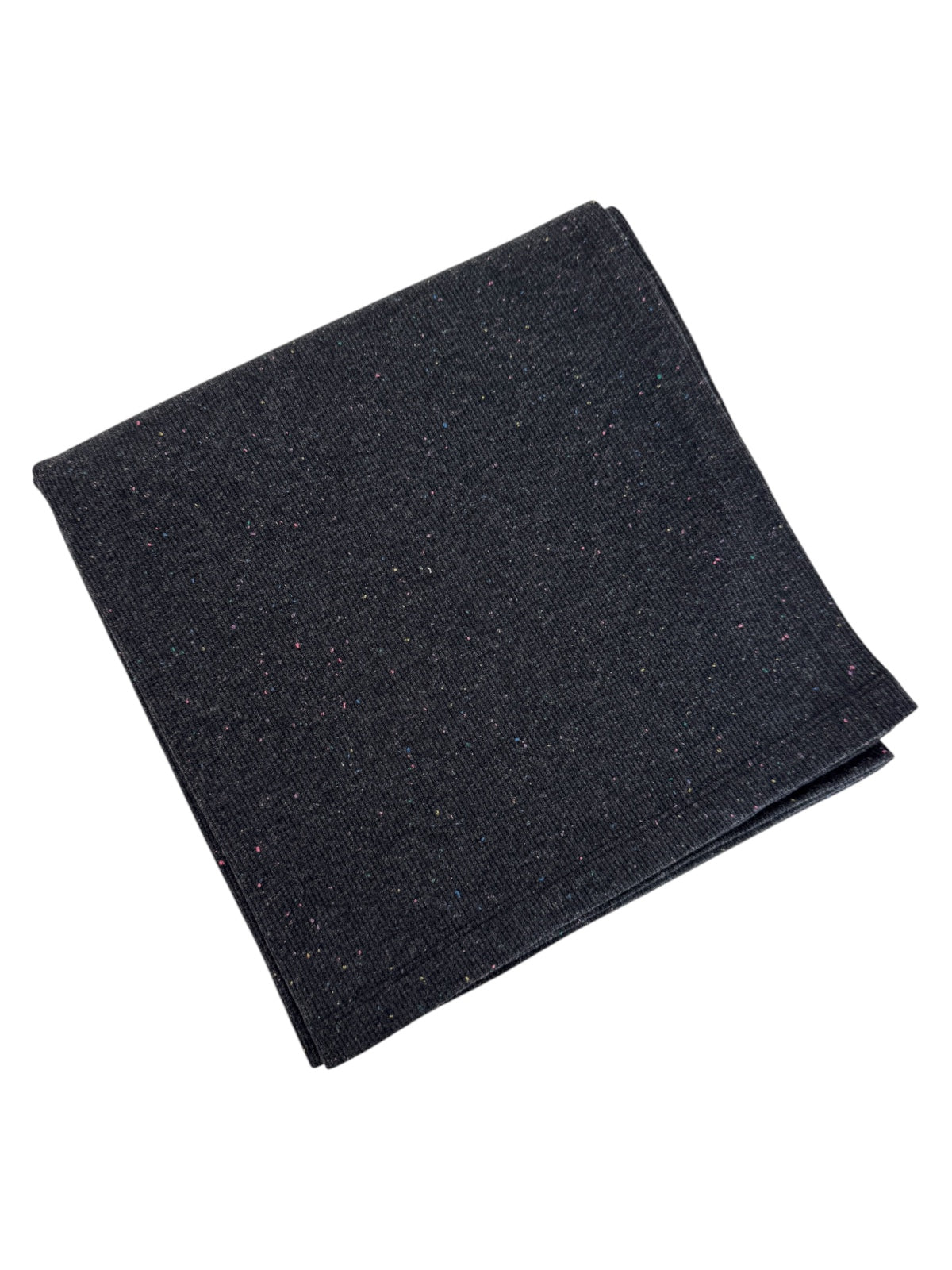 Dark folded fabric with multicolored flecks, suitable for various crafting or sewing projects.