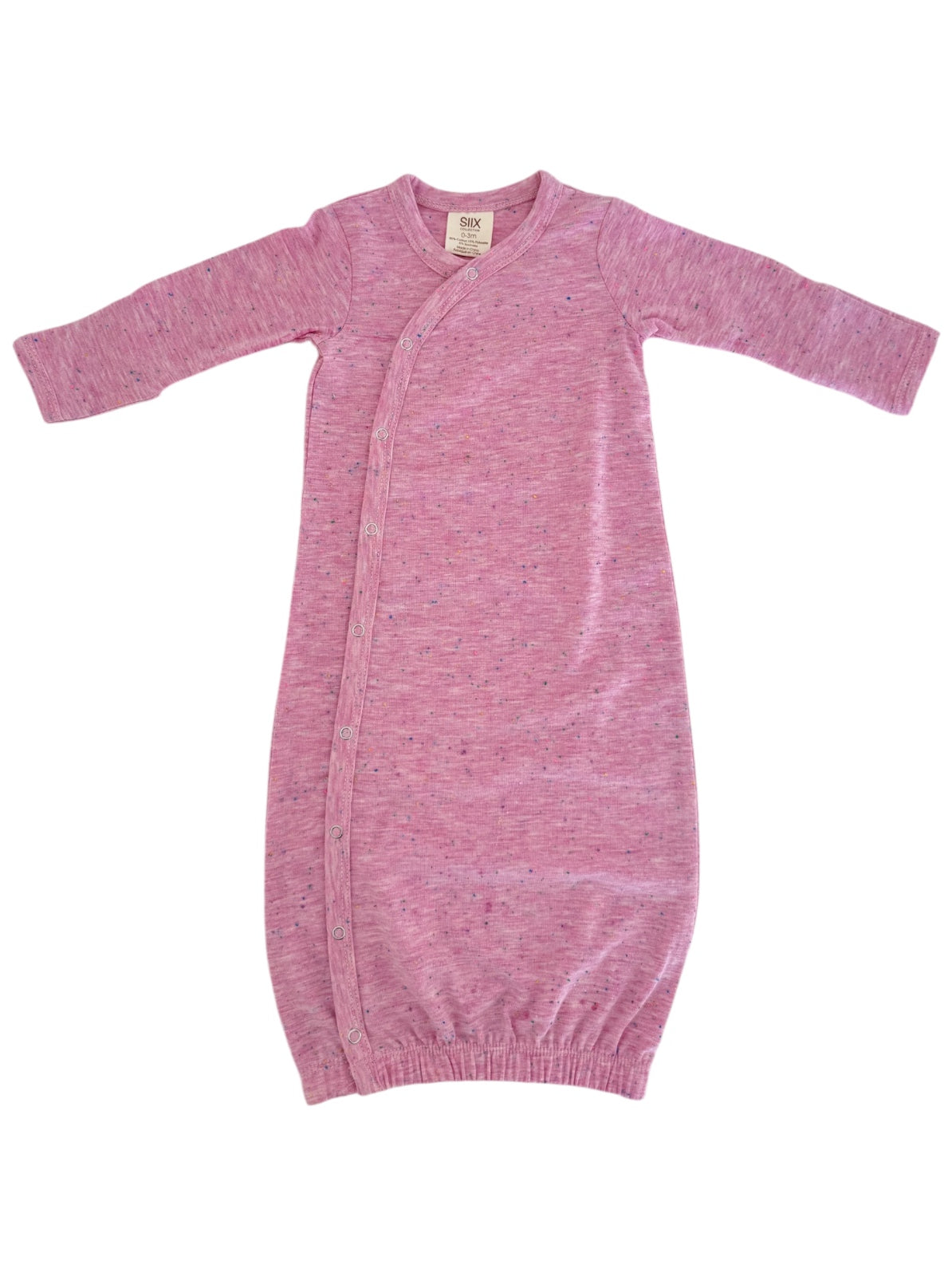 Light pink baby gown with long sleeves and snap closure, designed for comfort and ease of dressing.