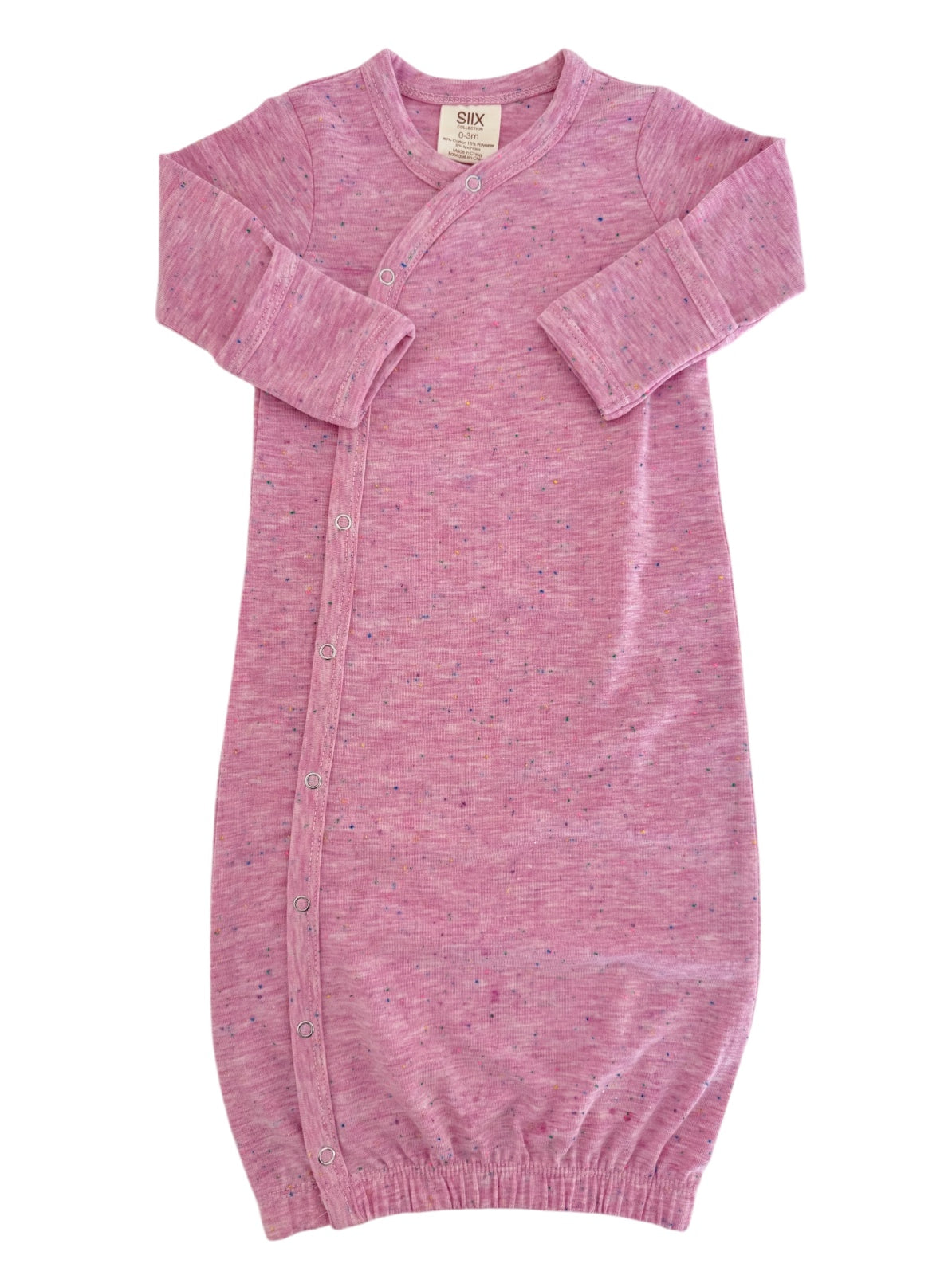 Light pink baby gown with long sleeves and snap buttons, featuring a soft, speckled texture.