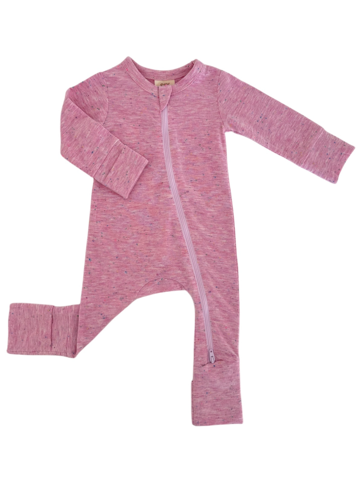Pink zip-up onesie for infants with long sleeves and footed design. Ideal for comfort and warmth.