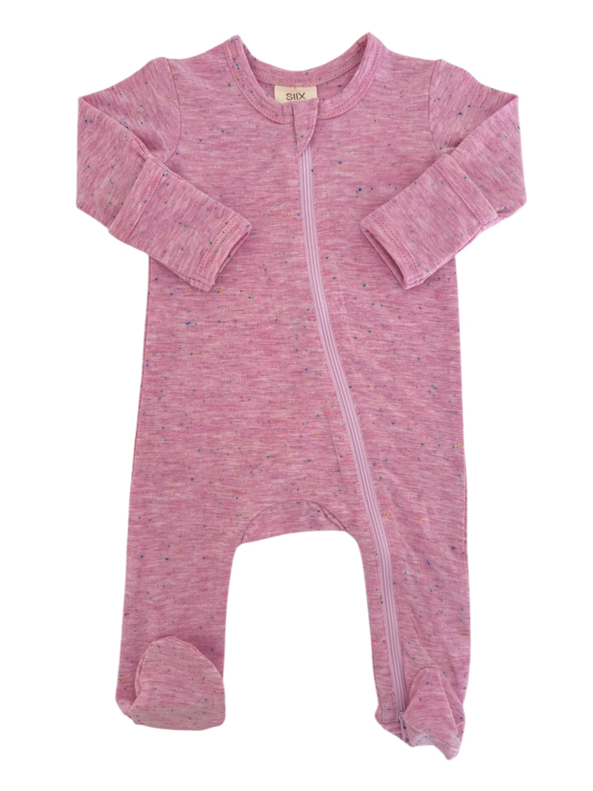 Pink baby onesie with long sleeves and feet, featuring a front zipper and colorful speckle pattern.