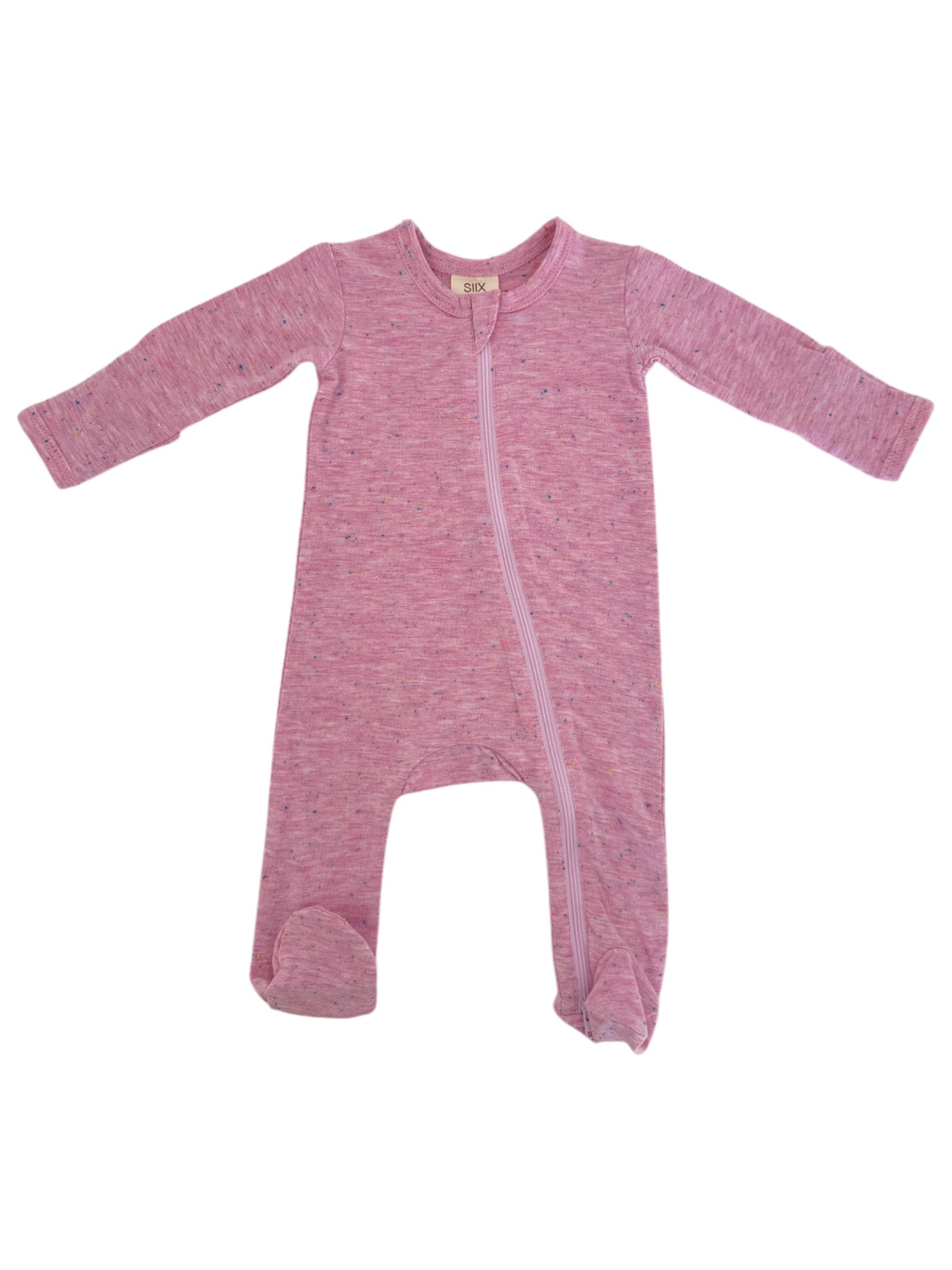 Pink baby onesie with long sleeves and a front zipper, featuring colorful specks throughout the fabric.