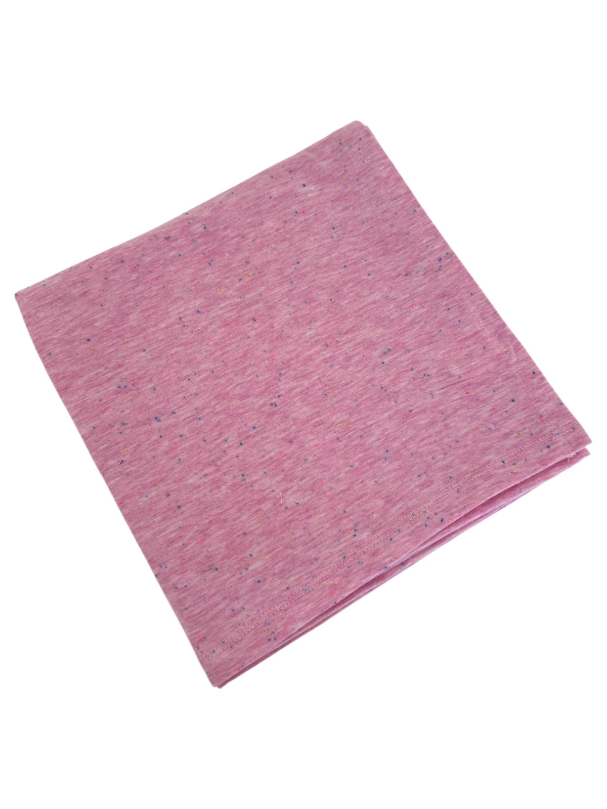 Pink fabric square with colorful specks, folded neatly on a white background.