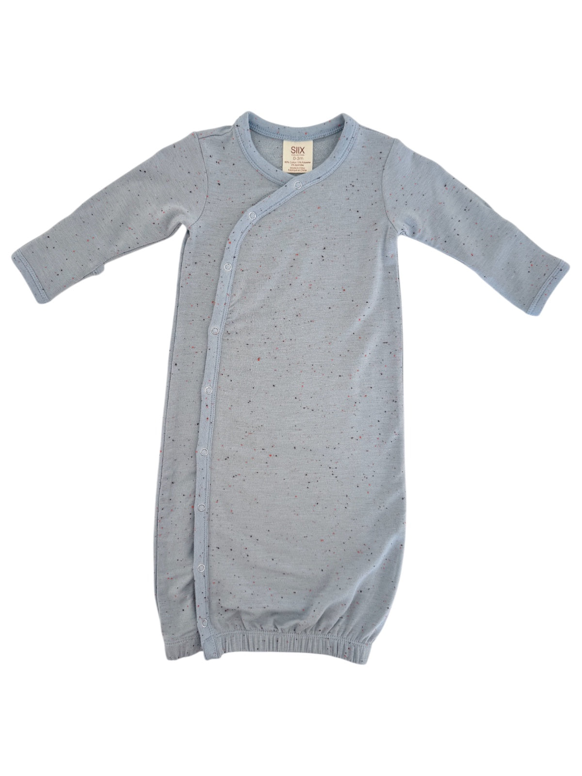 Light blue baby gown with long sleeves and button closure, featuring a speckled pattern. Soft and comfortable fabric.